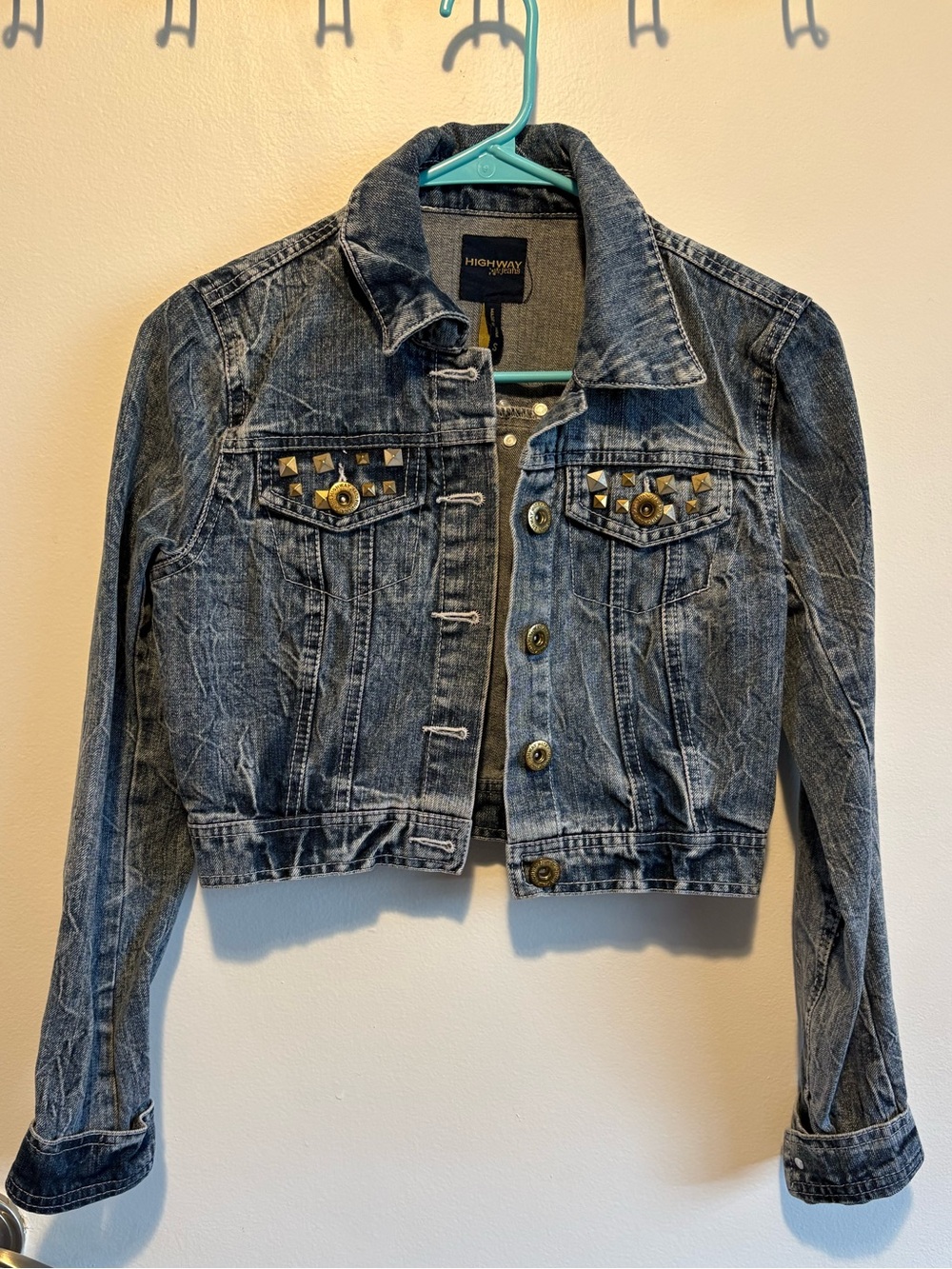 Highway Jeans Distressed Dark Blue Stud-Accent Cropped Denim Jacket
